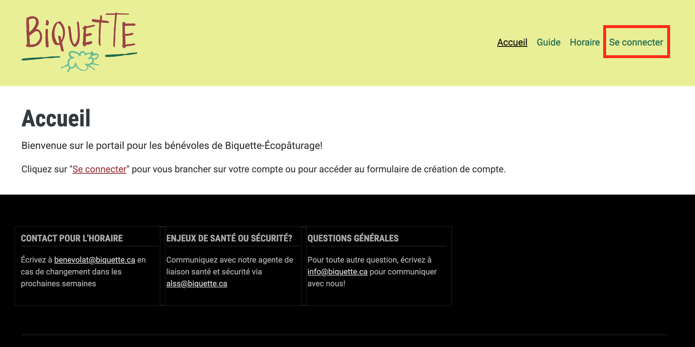 Écran d'accueil de Biquette