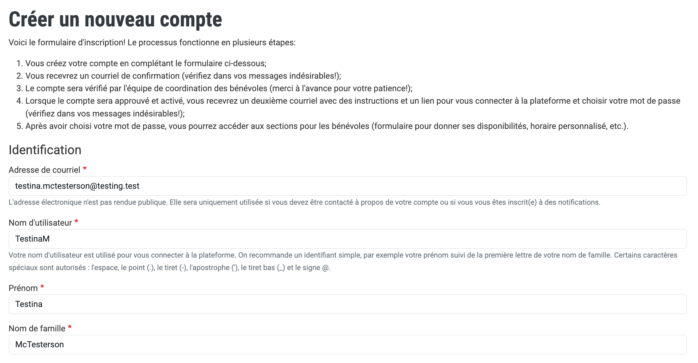Écran de création de compte