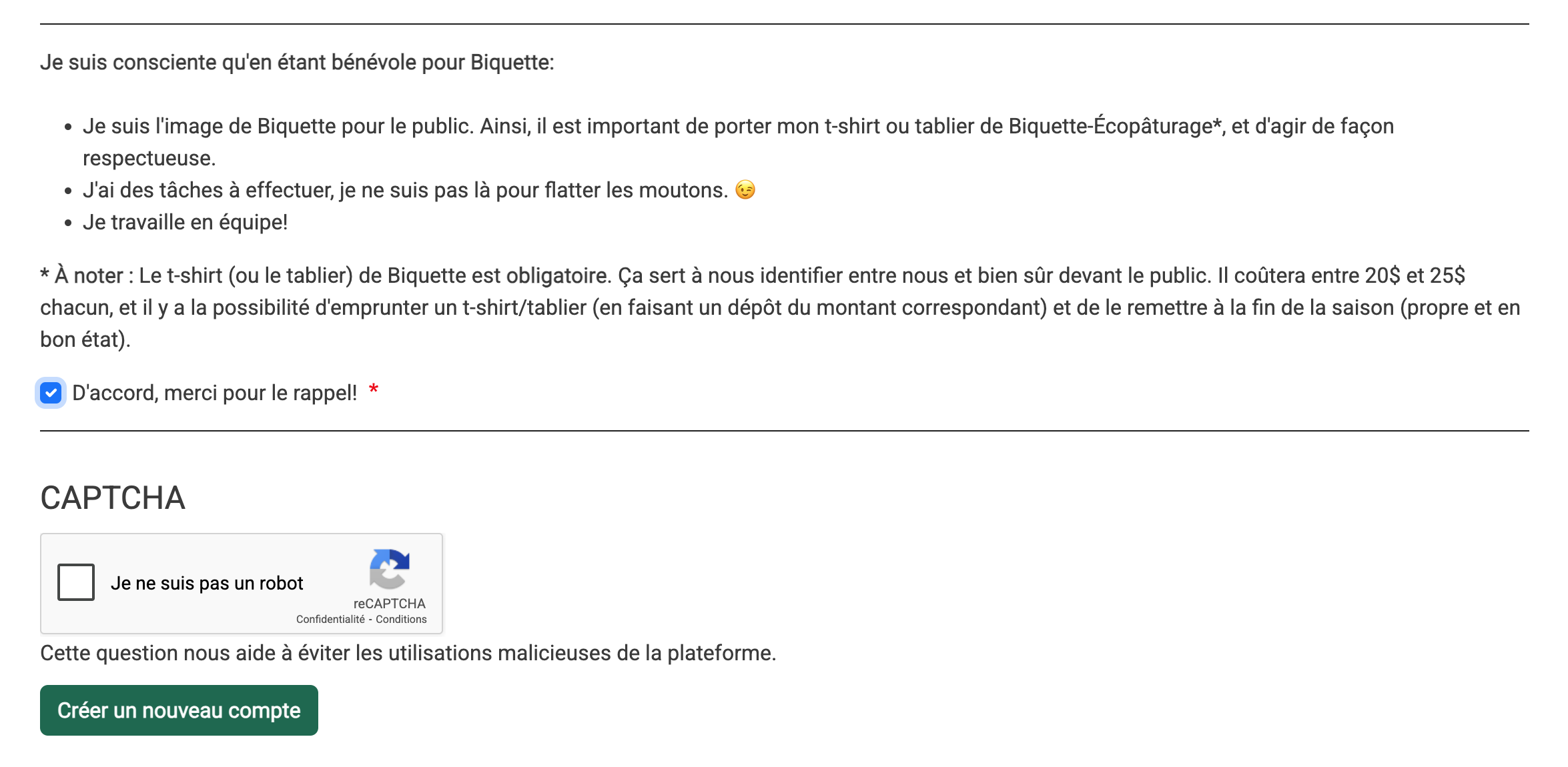 Termes et conditions, captcha