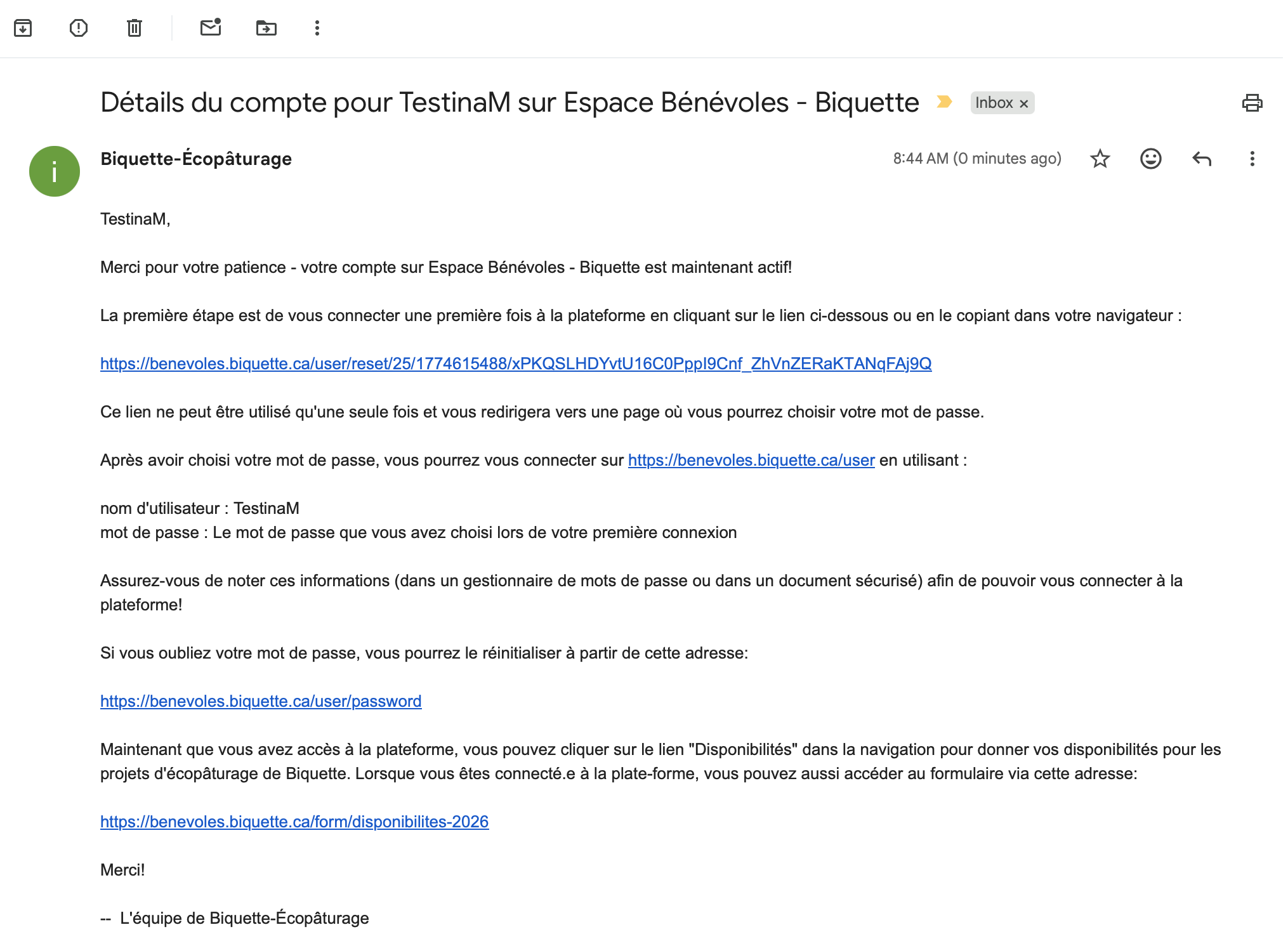 Message d'approbation de compte