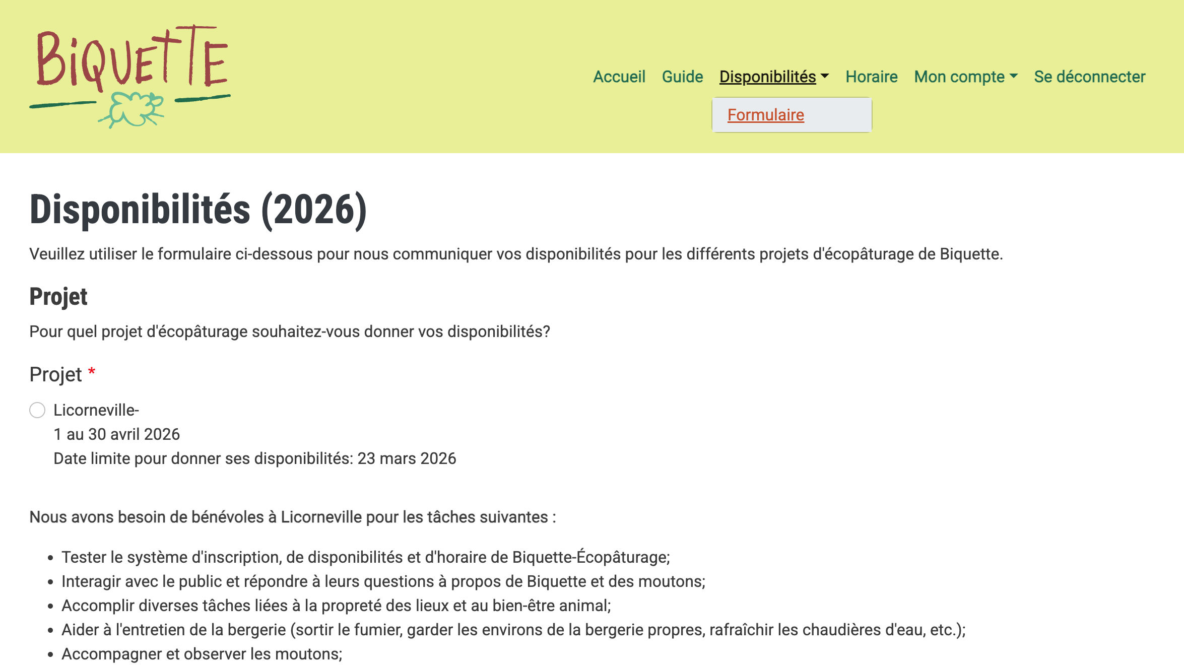 Formulaire de disponibilités