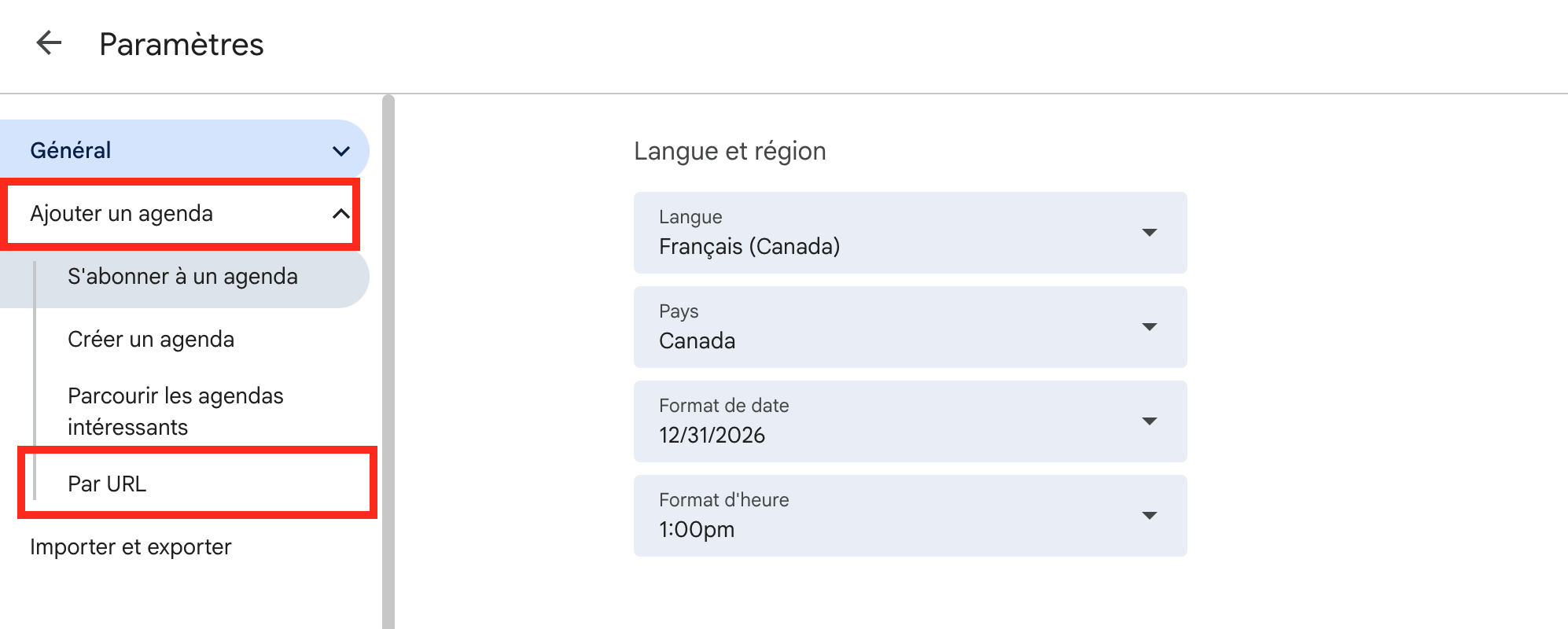 Paramètres Google Agenda
